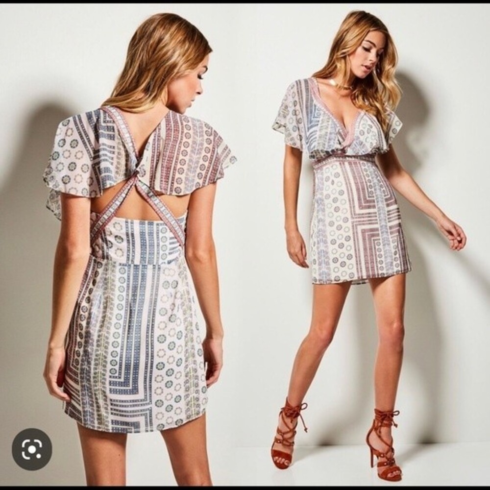 Marciano Beige Gypset Boho Chic Floral Geo Ruffle Cocktail Dress- Size 4- NWTs
